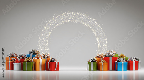 Christmas arch made entirely of colorful gift boxes, vibrant and glossy wrapping paper, festive ribbons and bows, surrounded by glowing fairy lights and snow front