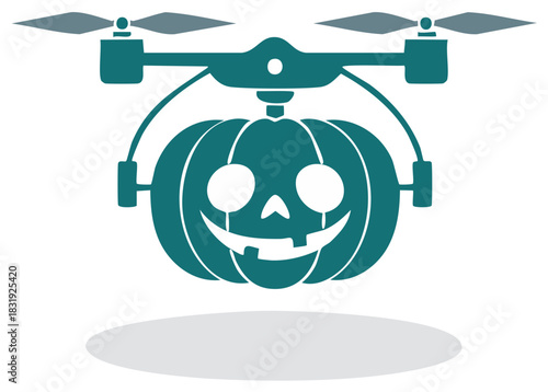 Halloween jack o lantern pumpkin carried by a drone with a happy face and spooky eyes