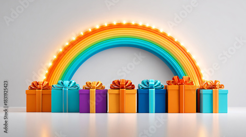 Christmas arch made entirely of colorful gift boxes, vibrant and glossy wrapping paper, festive ribbons and bows, surrounded by glowing fairy lights and snow front