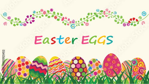 Colorful easter eggs with floral garland and text easter eggs on a light background