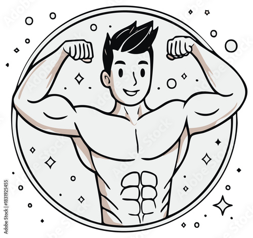 Cartoon of Athletic Man Flexing Biceps Displaying Muscular Physique