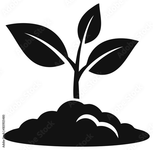 Growing plant seedling in soil black silhouette icon for ecology and nature