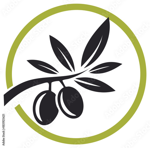 Stylized Olive Branch with Two Olives Inside a Green Circle Modern Vector Icon