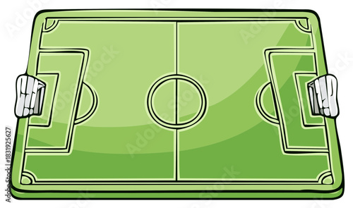 Vibrant green cartoon illustration of a top-down soccer football field with goalposts and markings