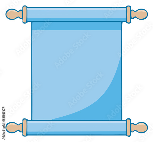 Blue blank paper scroll illustration with wooden handles ready for text and copy space