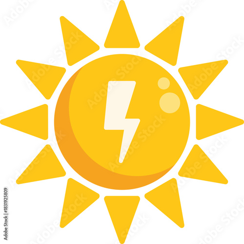 Stylized sun with lightning bolt symbolizing solar energy and clean electricity generation