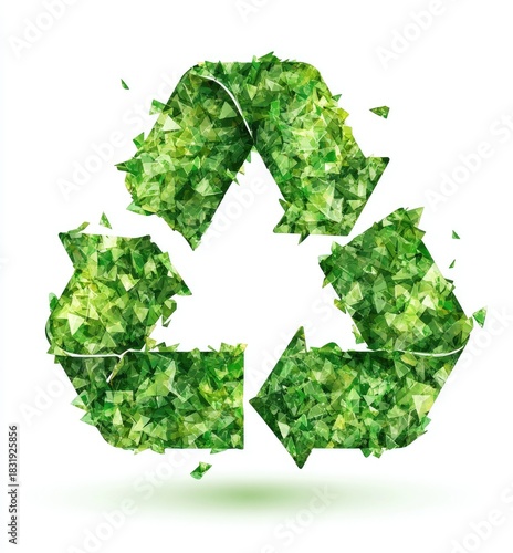 A stylized recycling symbol composed of fragmented, green leaf-like shapes