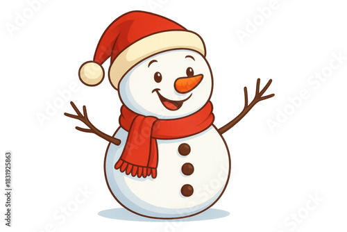 Happy cartoon snowman wearing santa hat and red scarf