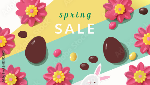 Spring sale banner with easter eggs flowers and cute bunny illustration for retail promotions and seasonal marketing
