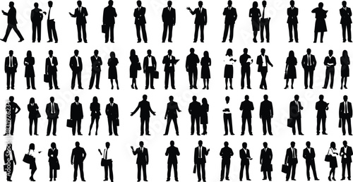 Business people silhouette, corporate attire poses, professional figures collection, workplace diversity illustration, black vector graphic, office environment design