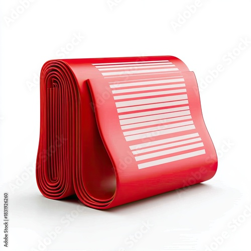 Rolled-up, bright red exercise resistance band.  White barcode-like stripes visible.  3D rendering against white background
