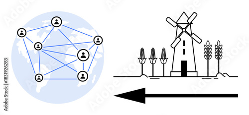Global network concept. Digital connectivity across the globe ed with network icons and a map. Global network contrasts with sustainable agriculture by a windmill. For technology, communication