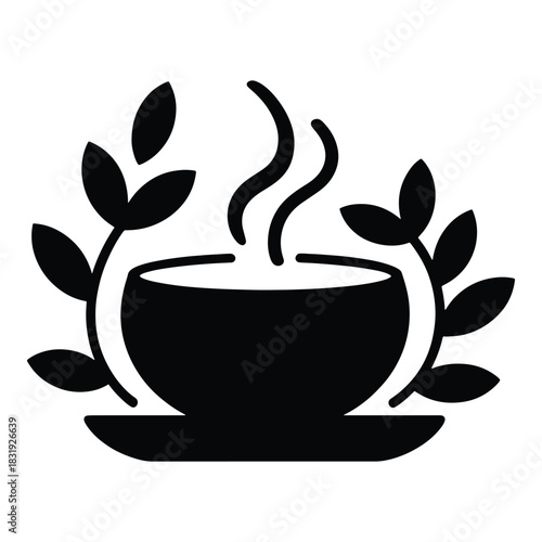 Steaming Coffee Cup with Leaves Logo, Tea, Cafe, Organic Drinks, and Natural Beverage Vector Icon, Black Silhouette of a Hot Beverage Cup Surrounded by Leaves, Minimalist Cafe or Tea Shop Logo.