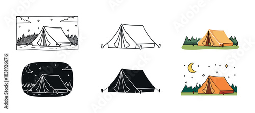 Set of six camping tent illustrations in various styles like outline, silhouette, and colored doodle for outdoor adventure themes,