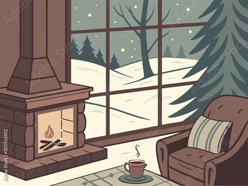 Cozy winter scene with crackling fireplace, inviting armchair, and steaming coffee, perfect for relaxation and creating a warm, inviting holiday atmosphere