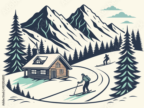 Winter getaway vibes with skiers enjoying fresh powder near cozy cabin in scenic mountain landscape, perfect for travel ads and outdoor adventure promotions