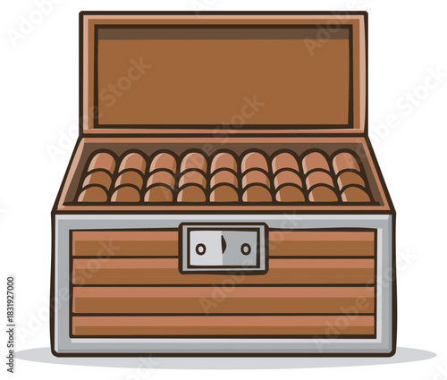 Open wooden chest filled with cigars, cartoon illustration, symbol for wealth and luxury.