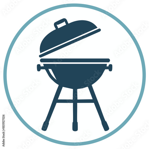 Isolated barbecue grill with lid open, set in a blue circle, symbolizing summer cooking and outdoor dining events.