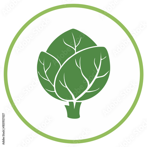 Green artichoke logo inside a circle, healthy food illustration, vegetarian concept