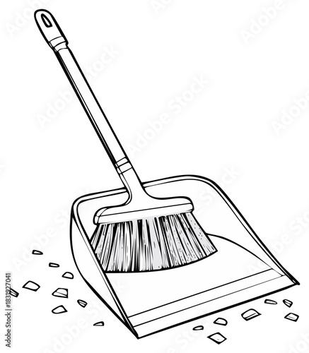 Broom and Dustpan with Debris Black and White Cleaning Illustration