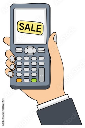 Hand Holding Calculator Device with Sale Message on Screen Discount Concept