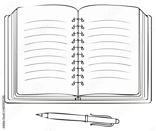 Empty open spiral-bound notebook with lined pages and pen, minimalist line art for writing, planning, learning, and education