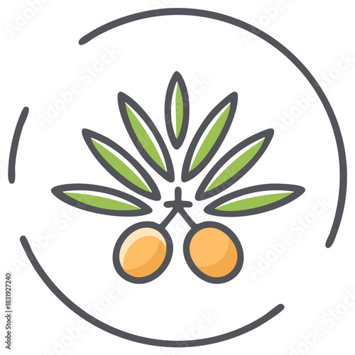 Stylized olive branch icon with ripe yellow olives and green leaves inside a modern partial circular outline frame illustration