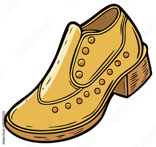 Stylized golden dress shoe with brogue detailing and block heel