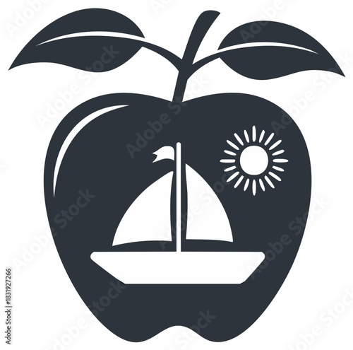 Stylized apple fruit icon with sailboat and sun symbol for summer travel and healthy living