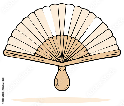 Elegant light brown hand fan with teardrop adornment, folding object provides cooling air flow and traditional look