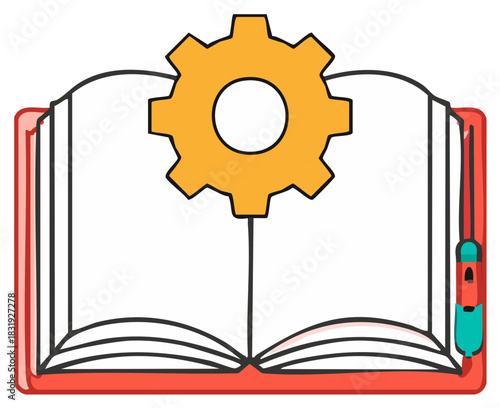 Open Book with Gear Icon and Pen - Conceptual Education, Learning, and Technical Skills