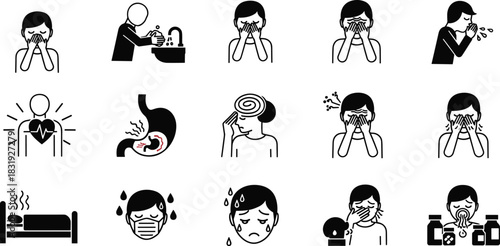 Black and white health symptoms icons set showing illness, hygiene, discomfort, flu, fever, pain, stress, and medical awareness visuals