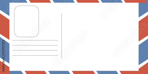 blank postcard template with place for stamp. white paper texture. airmail postcard with red and blue border