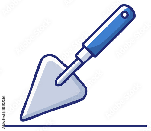 Blue and white cartoon trowel, illustration of construction and gardening tool.