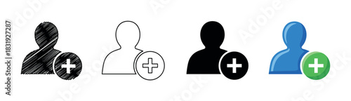 Set of add user icons in various styles including hand-drawn sketch, outline, solid silhouette, and color for new contact or friend request,