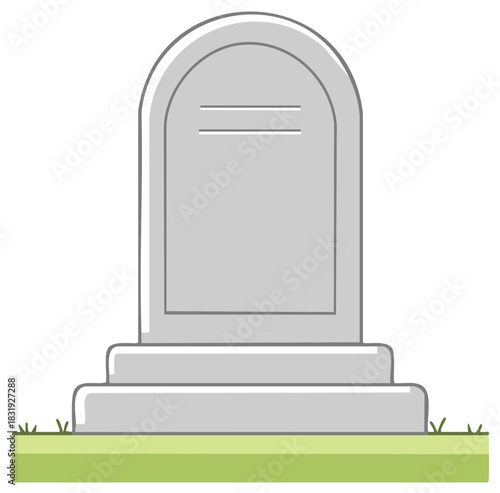 Simple cartoon illustration of a blank gray tombstone on green grass