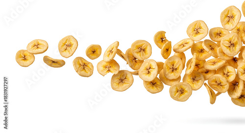 Falling Dehydrated Banana Chips Isolated on White Background