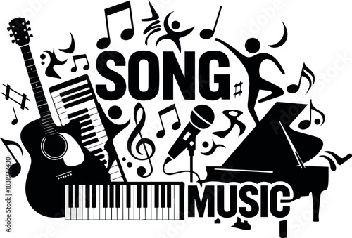 Create silhouettes of musical instruments on a white background, clipart guitar, keyboard, microphone, piano, song, music, dancing on white background