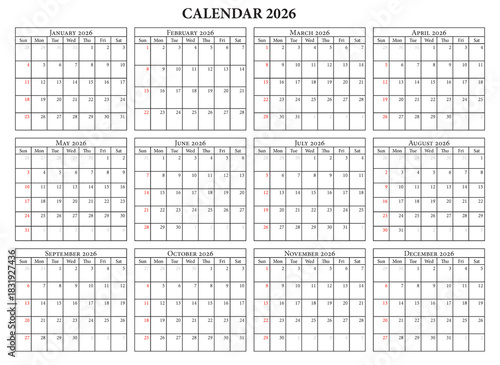 2026 Calendar, A 3 landscape mode, simple, graphic element, 12 months, yearly, new year