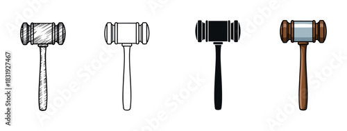 Set of four judge gavel icons in various artistic styles like sketch, outline, silhouette, and color, representing law, justice, and authority,