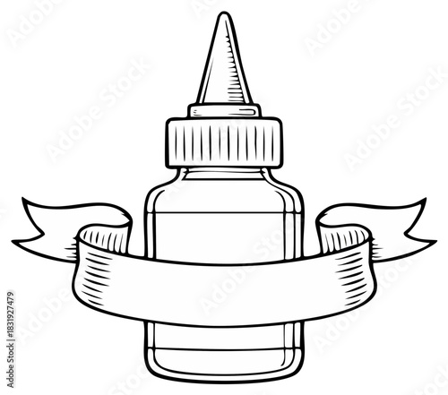 Outline illustration of a glue bottle with a blank banner ribbon for text