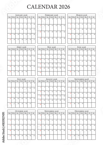 2026 Calendar, A 3 landscape mode, simple, graphic element, 12 months, yearly, new year