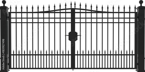 Elegant Black Wrought Iron Security Gate Silhouette, Classic Ornate Double Entry Driveway Fence, Decorative Antique Metal Archway Protection, Isolated on White Background.