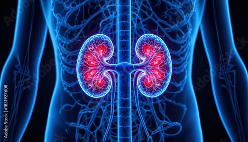 Detailed kidney anatomy illustration with vibrant red and blue tones shows human organ health and function for medical or educational purposes