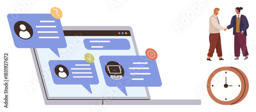 Laptop with chat icons and user avatars, two people shaking hands, clock for time context. Ideal for collaboration, business communication, teamwork, customer service, time management, partnerships