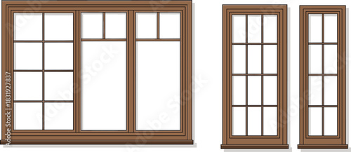 Brown framed multi-pane window vector set featuring architectural design elements for residential, interior, renovation, and construction planning illustrations.