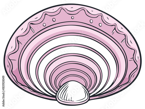 Beautiful pink open clamshell displaying a pristine white pearl, charming marine life illustration