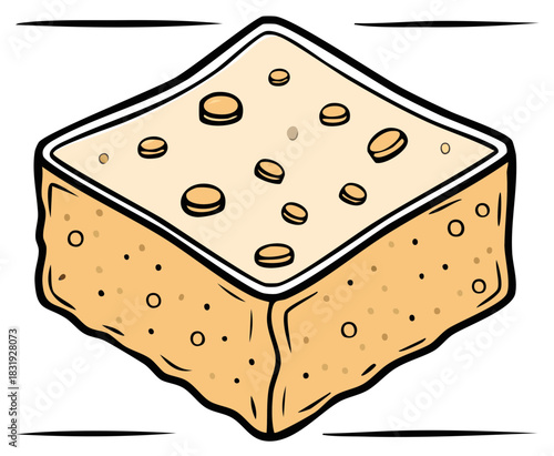 Cartoon Isometric Sponge Cake Slice with Pits and Holes Graphic Food Illustration