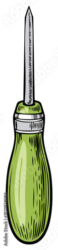Handheld awl tool with green handle and pointed metal tip illustration