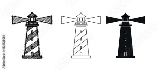 Three lighthouse vector icons in different styles showing a hand-drawn sketch, a clean line art drawing, and a solid black silhouette, all